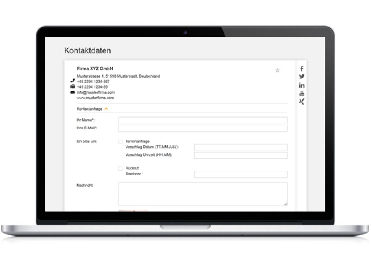 Adressdaten, Social Media Links & Kontaktformular