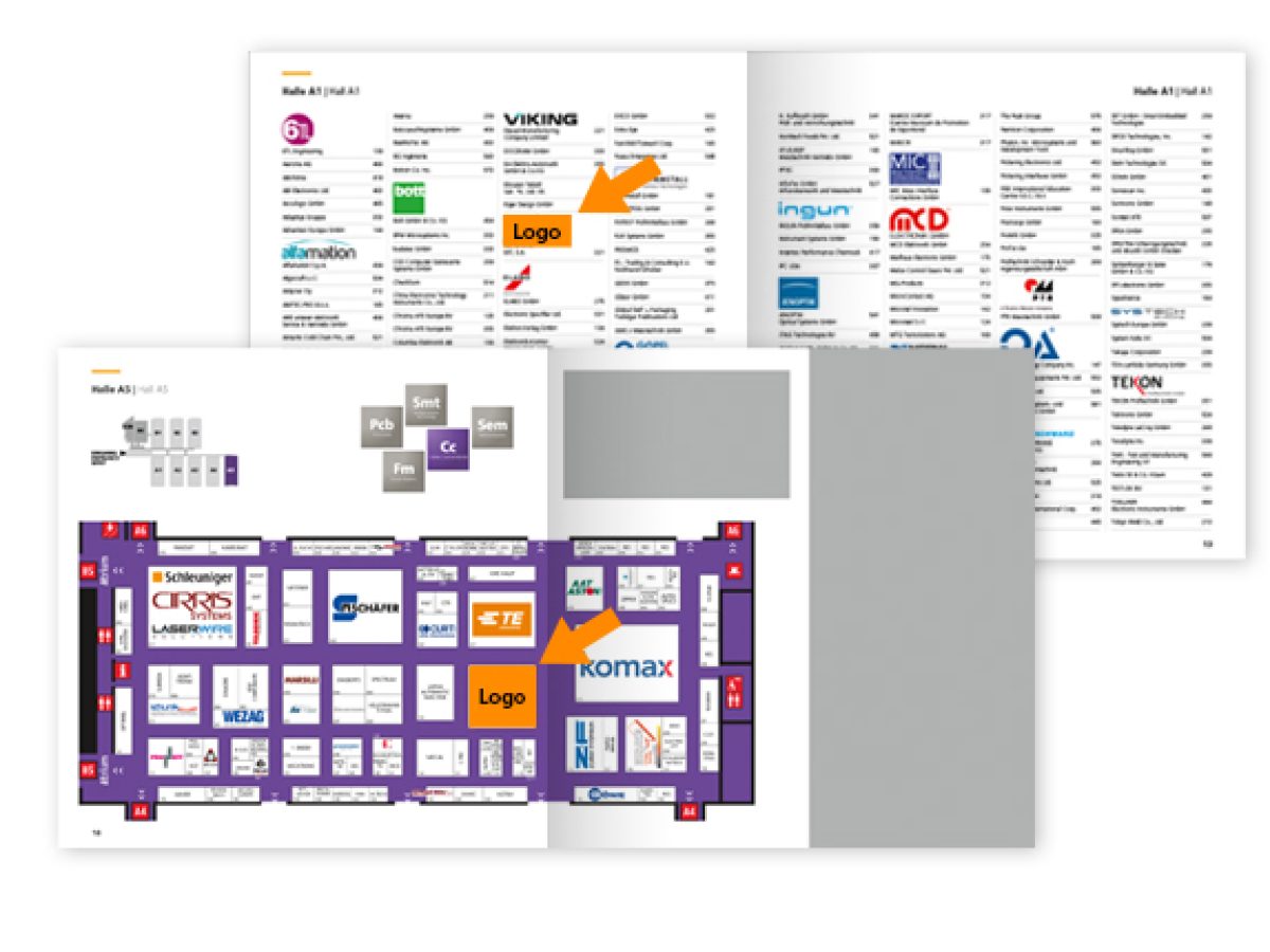 Logo in the exhibitor directory and on the hall plan