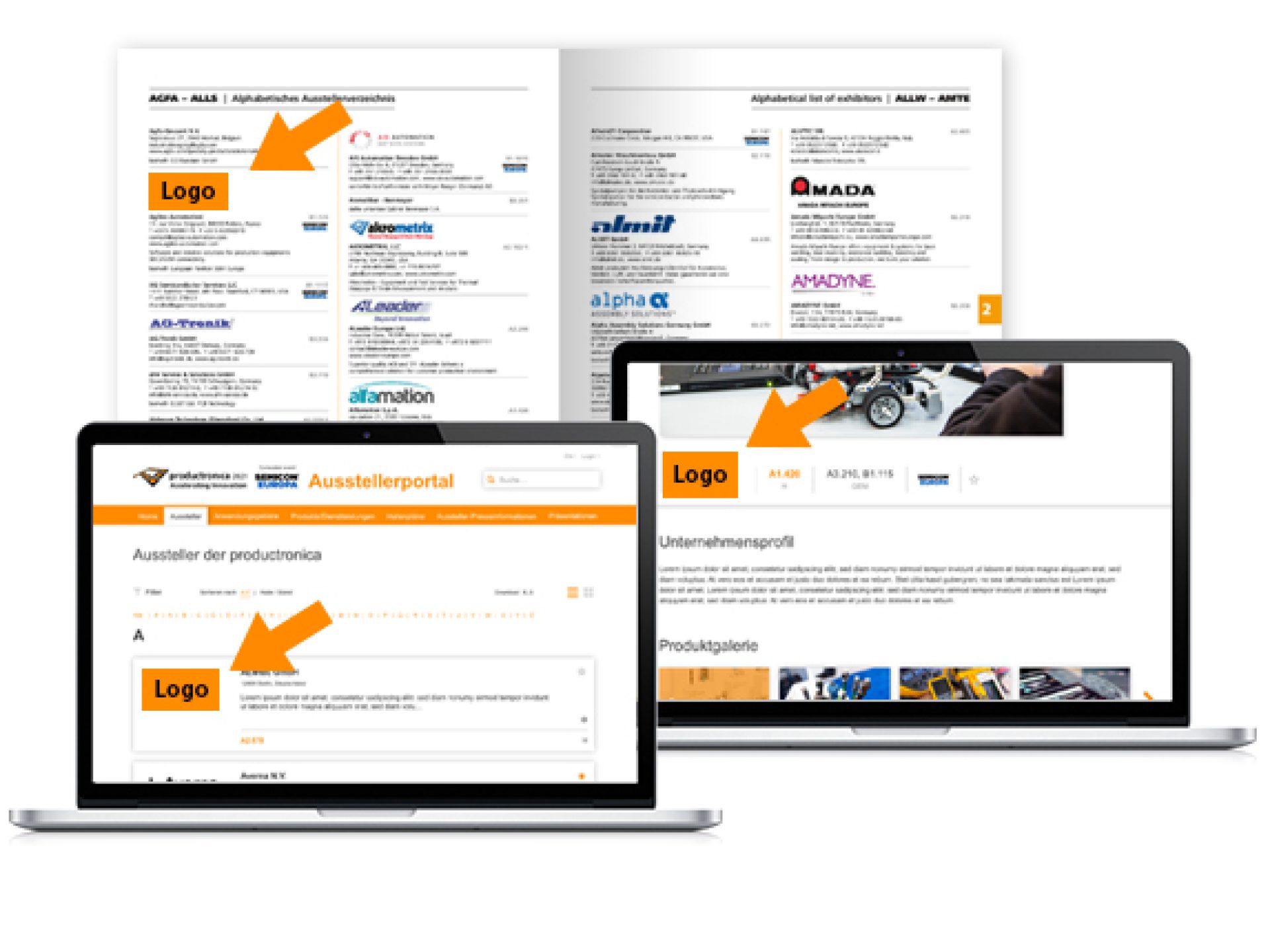Logo in the productronica Guide + exhibitor portal